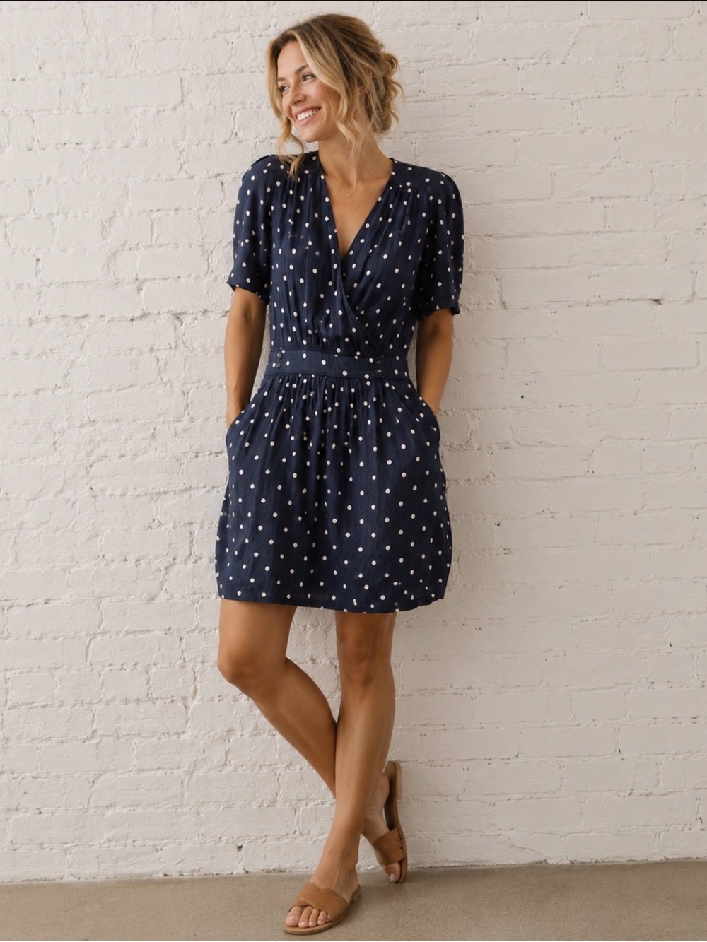 Sessùn Camelia Dots dress 100% Linen navy blue white pockets Polka Dot French M